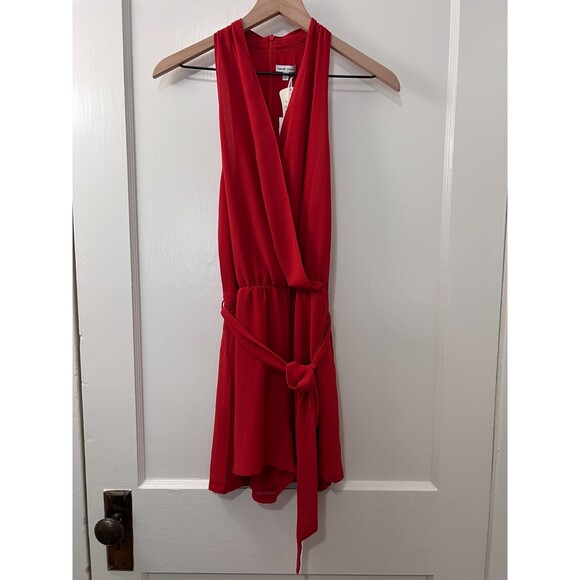 Naked Zebra Pants - Naked Zebra Women's Red Surplice Romper Shorts Tie Belt Elastic Waist Size S New